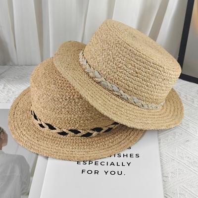 European and American Spring and Summer New Braid Decoration Flat Top Temperament Big Eaves Lafite Straw Hat Outdoor Sunshade Sunscreen Hat