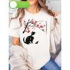 European Size Casual Crew Neck T-Shirt, Japanese Nature Art Cat and Bird with Cherry Blossom Tree Print,Short Sleeve  for Spring Summer,Regular Length