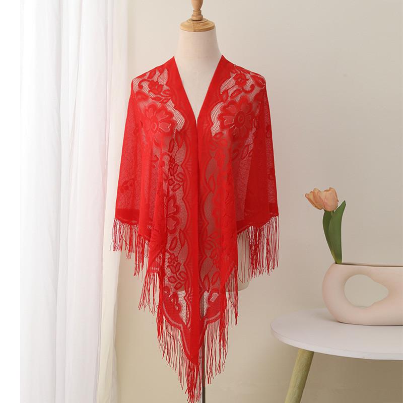 Summer Transparent Lace Flower Tassel Scarf Mesh Yarn Cheongsam Shawl Triangle Neck Scarves Neckerchief Head Scarf