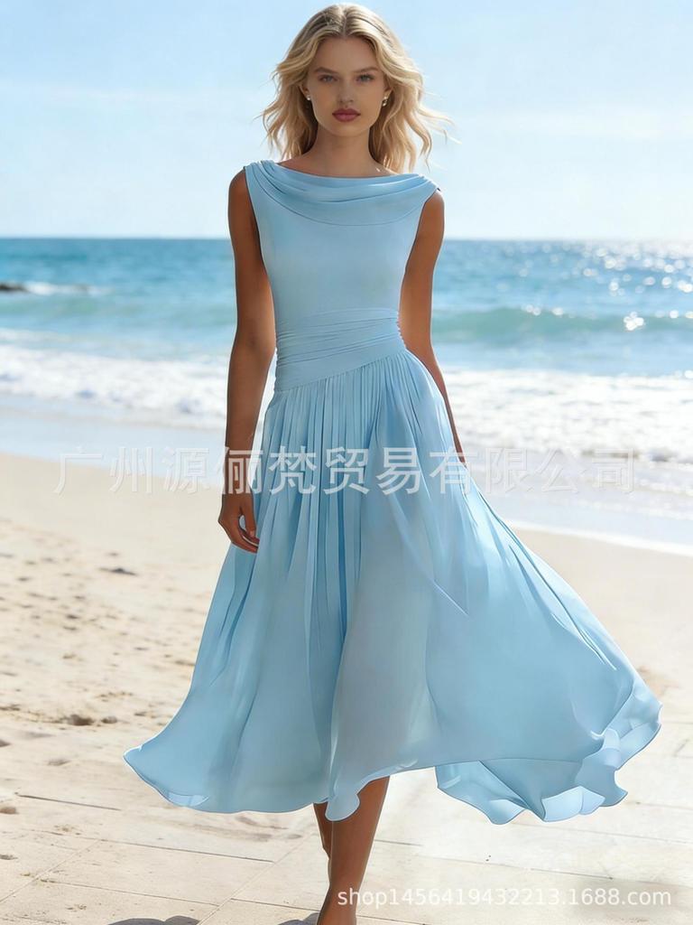 Abito Maxi da Donna Senza Maniche con Scollo a Drappeggio Vita Arricciata Linea ad A Svasata Lungo Monocolore Elegante Abito Estivo da Spiaggia