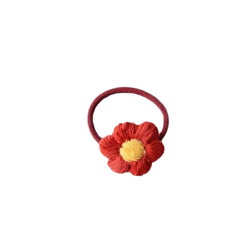 Non-damaging Little Red Flower Elastic Hair Tie for Girls - Ponytail Rubber Band & Headwear