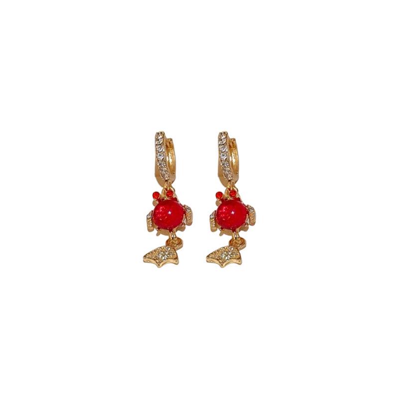 Red Bow Coin Purse Earrings: Silver Needle Retro Snake Lock Studs, New Year High-End Ear Jewelry.
