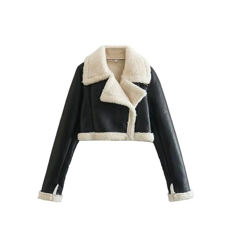 Abrigo corto de lana de cordero con solapa para mujer, chaqueta de mujer con cremallera de doble cara para otoño e invierno, Tops gruesos y cálidos de lana para mujer, prendas de vestir