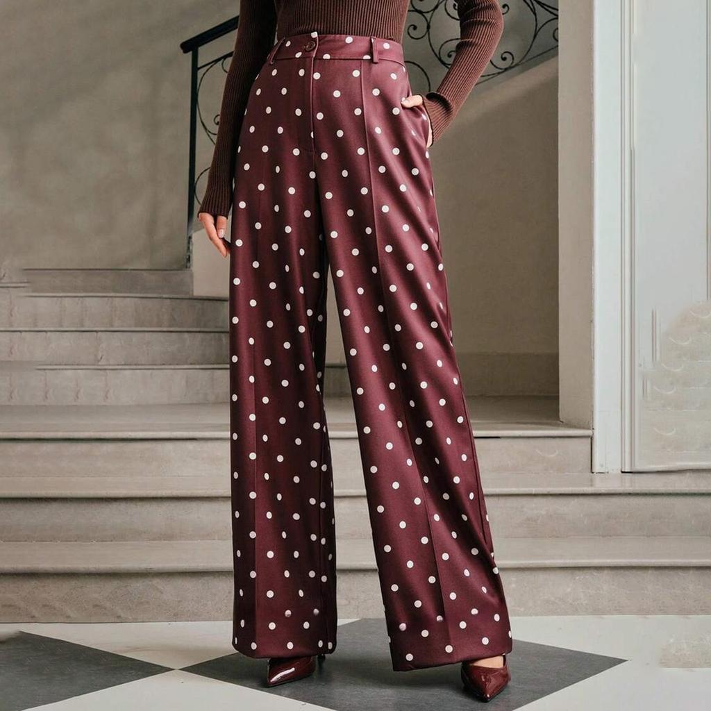 Women's Vintage Polka Dot Wide Leg Pants High Waist Loose Fit Casual Trousers with Pockets Suitable for Daily Wear and Office