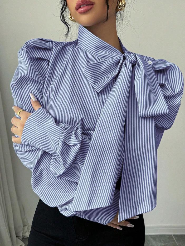 2026 Spring Women's Striped Casual Long-Sleeve Shirt with Ribbon Bubble Sleeves