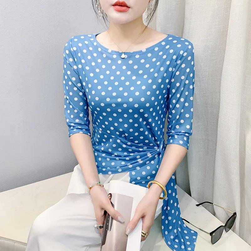 Летняя женская блузка в горошек Повседневная асимметричная футболка с коротким рукавом S синий