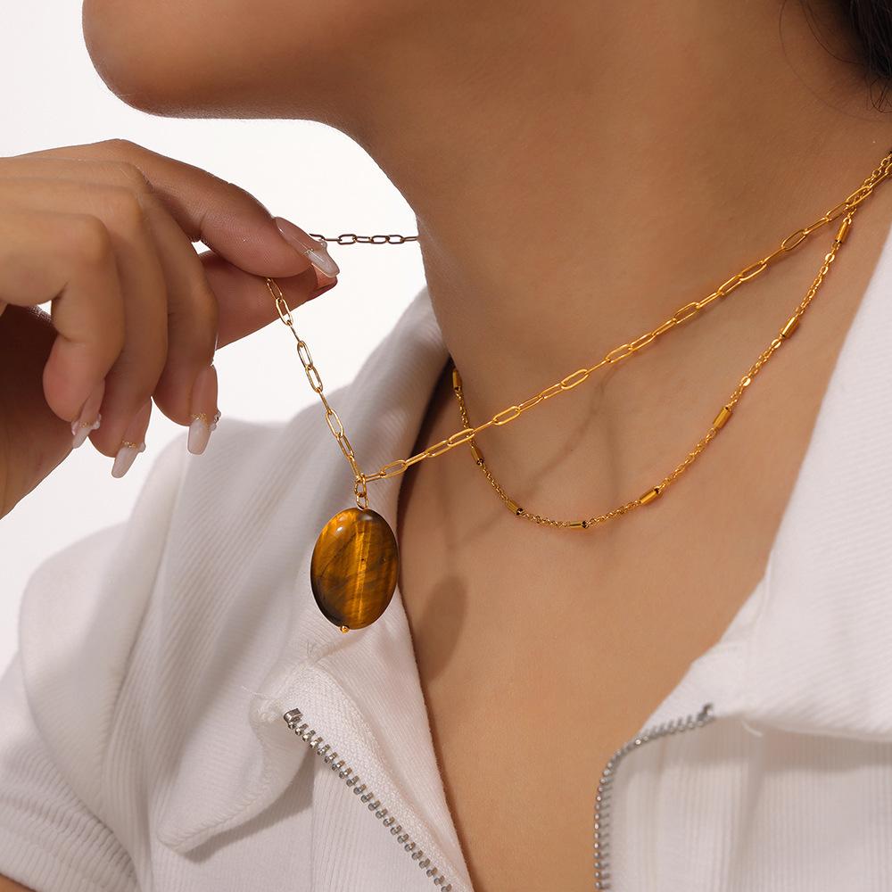 Maillard Oval Tijgeroog Hanger Temperament Titanium Staal Ketting Vintage Kralenketting Set Vrouwelijk