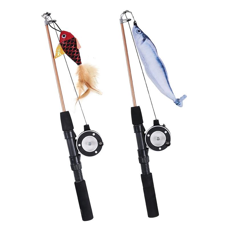 Retractable Cat Teaser Wand Interactive Fishing Rod Toy with Feather Fish Lure Durable Play Pole for Kittens Cats