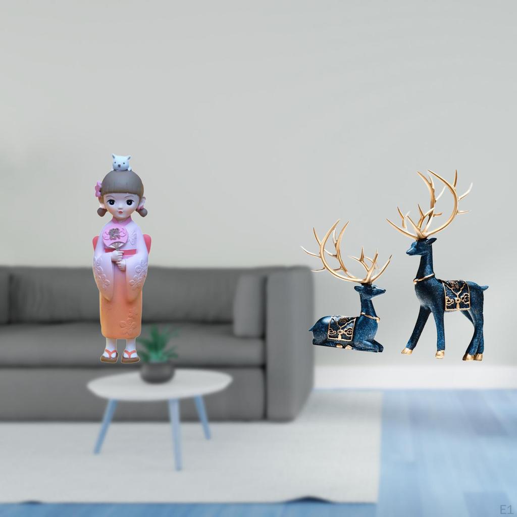 Asian Kabuki Geisha Deer Figurine Set Japanese Kimono Doll Reindeer Statue Ornaments for Bedroom