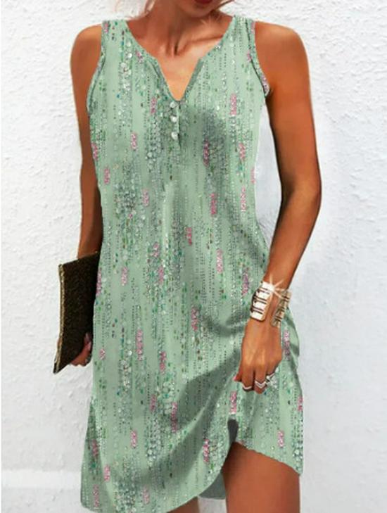 European and American Women's Floral Button A-line V-neck Sleeveless Dress, 2024 Fashion Trend.