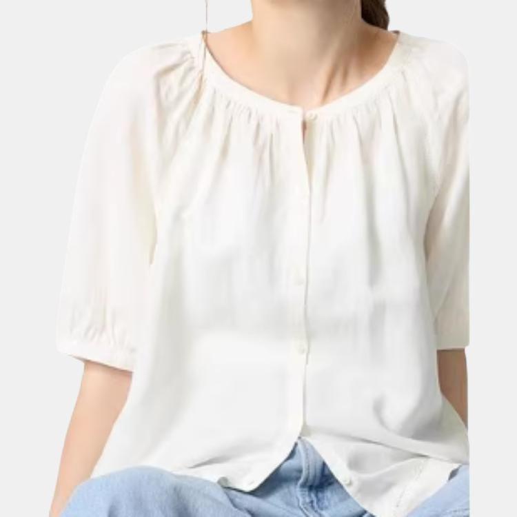 UNIQLO Solid Color Single-Breasted Round Neck Short Sleeve Shirt Women shirts White 475655-01