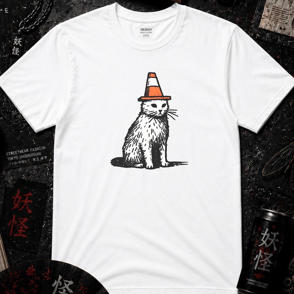 Cat 01 - Cone | Cat at Work T Shirt with Traffic Cone - Streetwear Cat Illustration Tee | Unisex Graphic Shirt