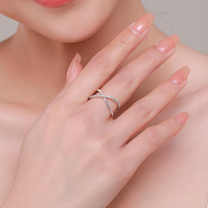 Authentic 925 Sterling Silver Sparkling Clear CZ Cross Ring For Women Simple Design Ring Fine Jewerlry Gift Accessories