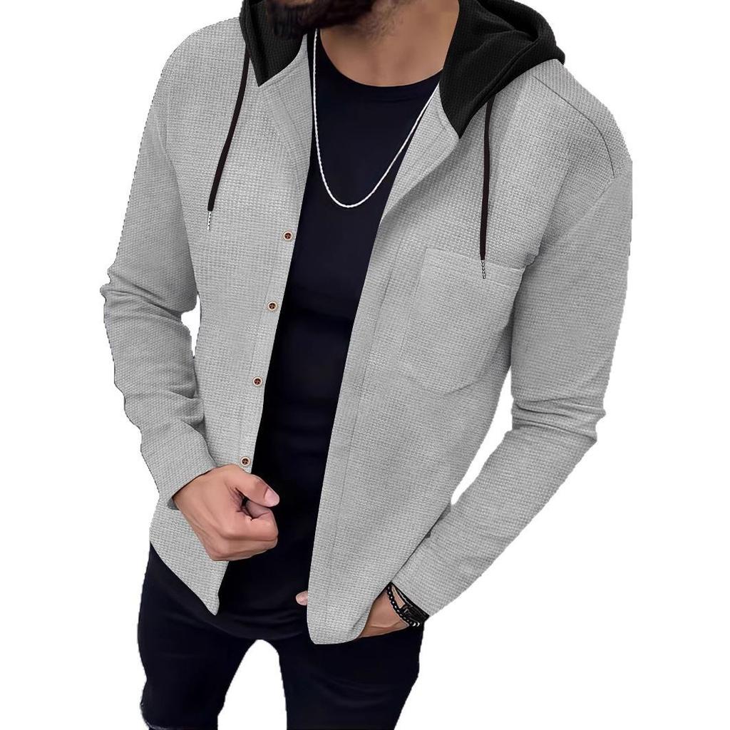 Höst herr våffelmönstrad enkelknäppt huva avslappnad kofta jacka