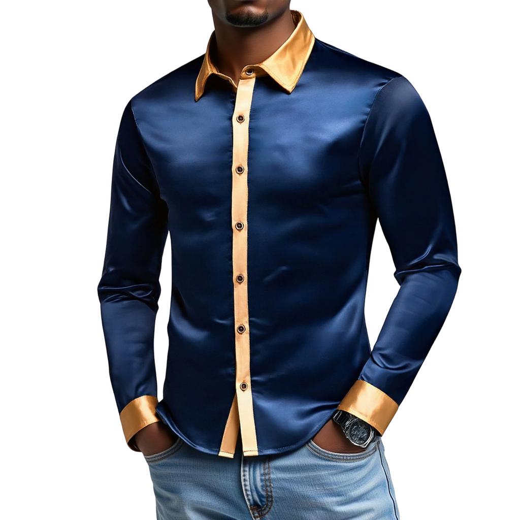 Men's   Leisure  Sports  Fashion  Color  Matching  Flip  Collar  Long  Sleeves  Shirt