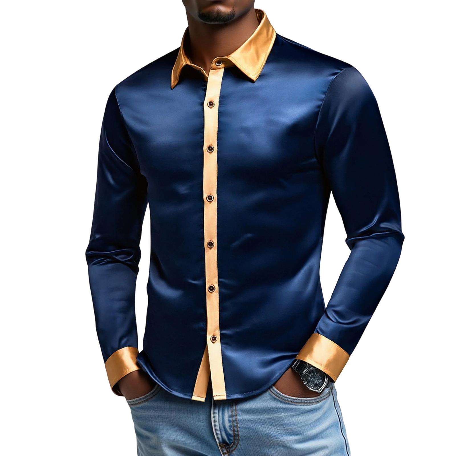 

Men s Leisure Sports Fashion Color Matching Flip Collar Long Sleeves Shirt S Темно-синій