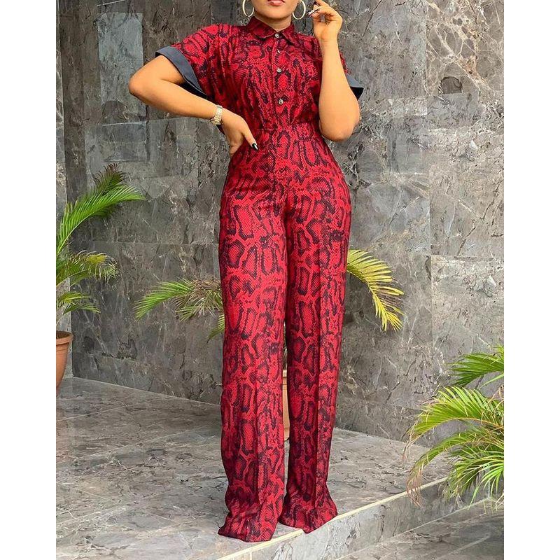

Women Printed Casual 2-Piece Set Print Short Sleeve Lapel Shirt Pants Suit Red XL