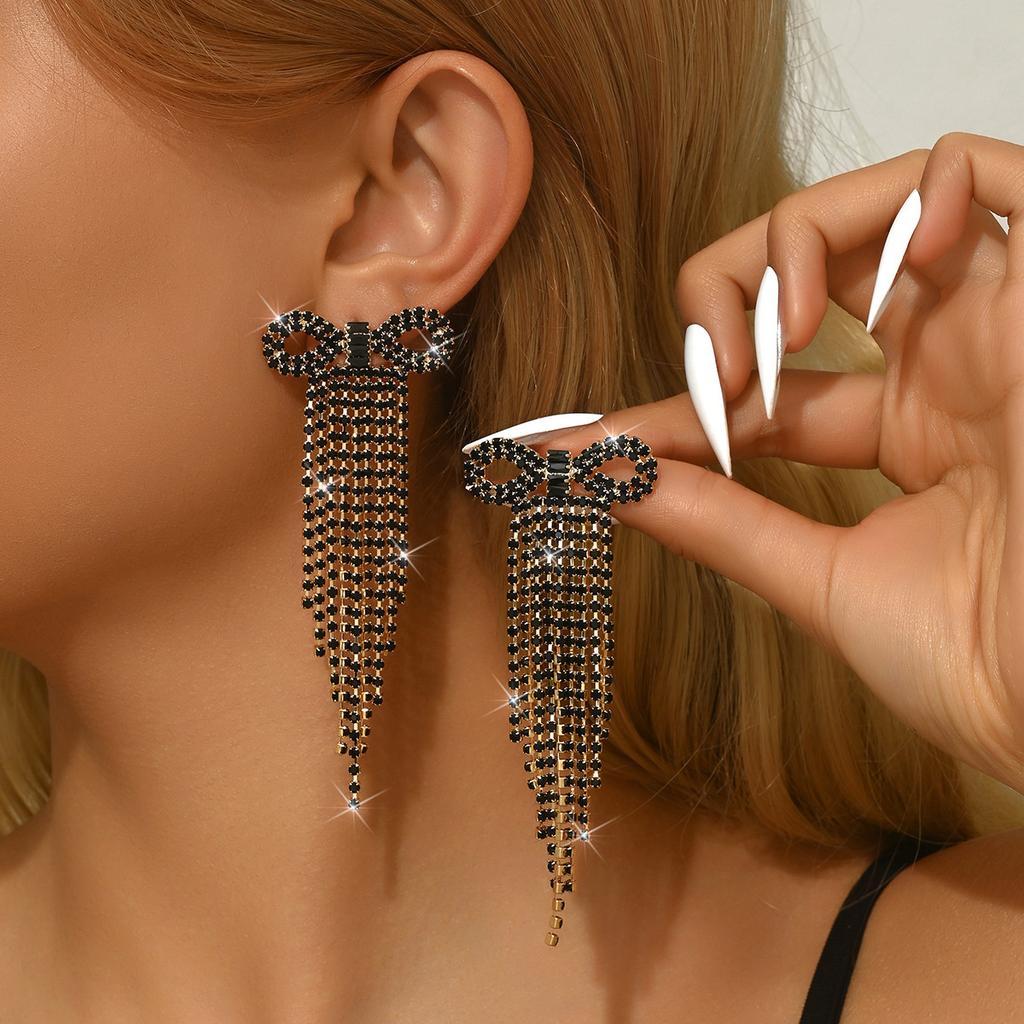 Bow Full Diamond Tassel High Sense Light Luxury Personalized Design Sense Earrings Temperament Earrings