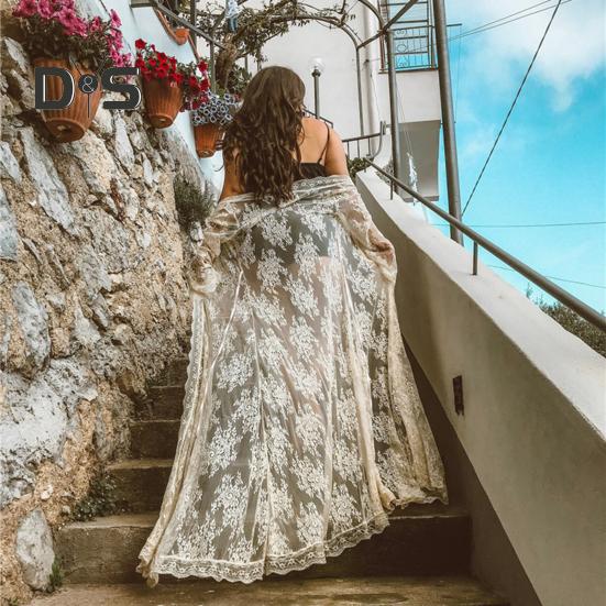 Bikini Cardigan Long Sleeve Lace-up Open Front Lace Dress Sexy Vacation Blouse Beach Pool Hot Spring Cover-Up