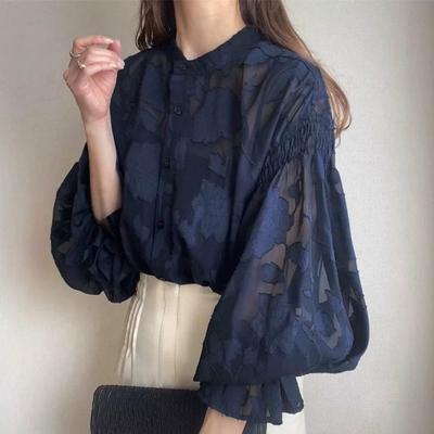 Damen Wende-Blumen-Spitzen-Chiffon-Oberteil - 2026 Neuer Stil mit langen Puffärmeln