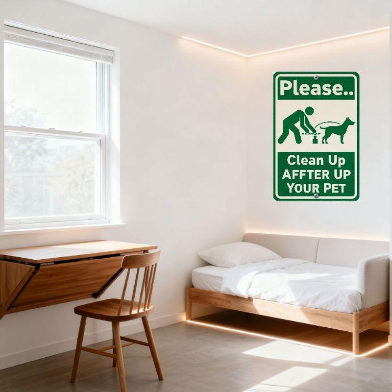 Green & White Pet Waste Clean Up Metal Tin Sign - Funny Dog Cleaning Silhouette Illustration Wall Plaque for Home Garden Yard De