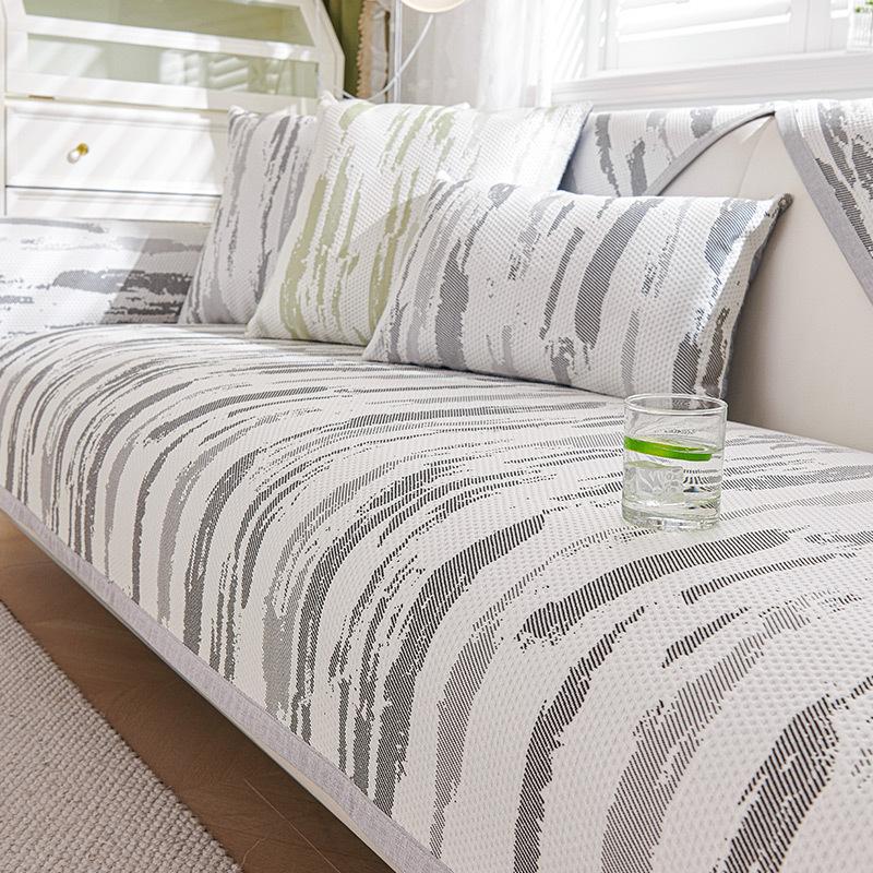 

Summer Cream Style Sofa Cover Cloth Ice Silk Cold Feeling Sofa Cover Modern Stripe Anti-slip Sofa Cover Cool Bean Couch Cushion 70x70