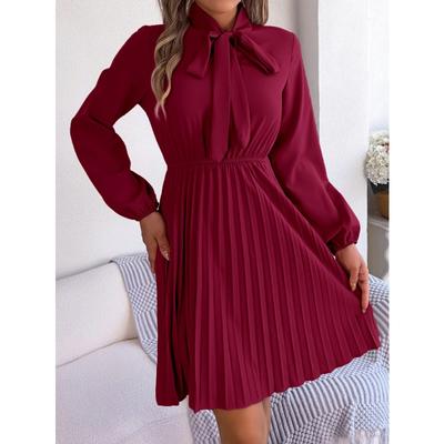Damen Frühling Sommer Temperament Binden Taille Langarm Plissee Kleider