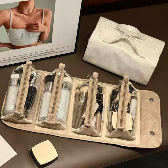 Roll-up Makeup Bag Travel Cosmetic Bag with 4 Detachable Clear Organizer for Women Pouches Folding Toiletry