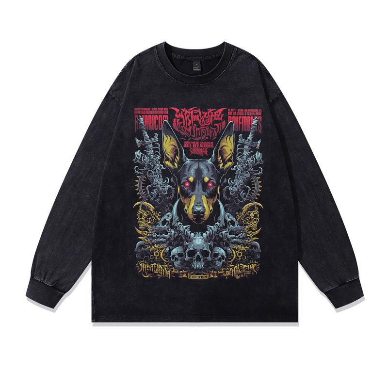 Washed And Polished Old Round Neck Pullover Sweater American High Street Doberman Print Retro Long-Sleeved T-Shirt Men