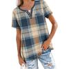Modisches Lässiges Sommer-Karomuster V-Ausschnitt Knopf Kurzarm-Oberteil für Damen