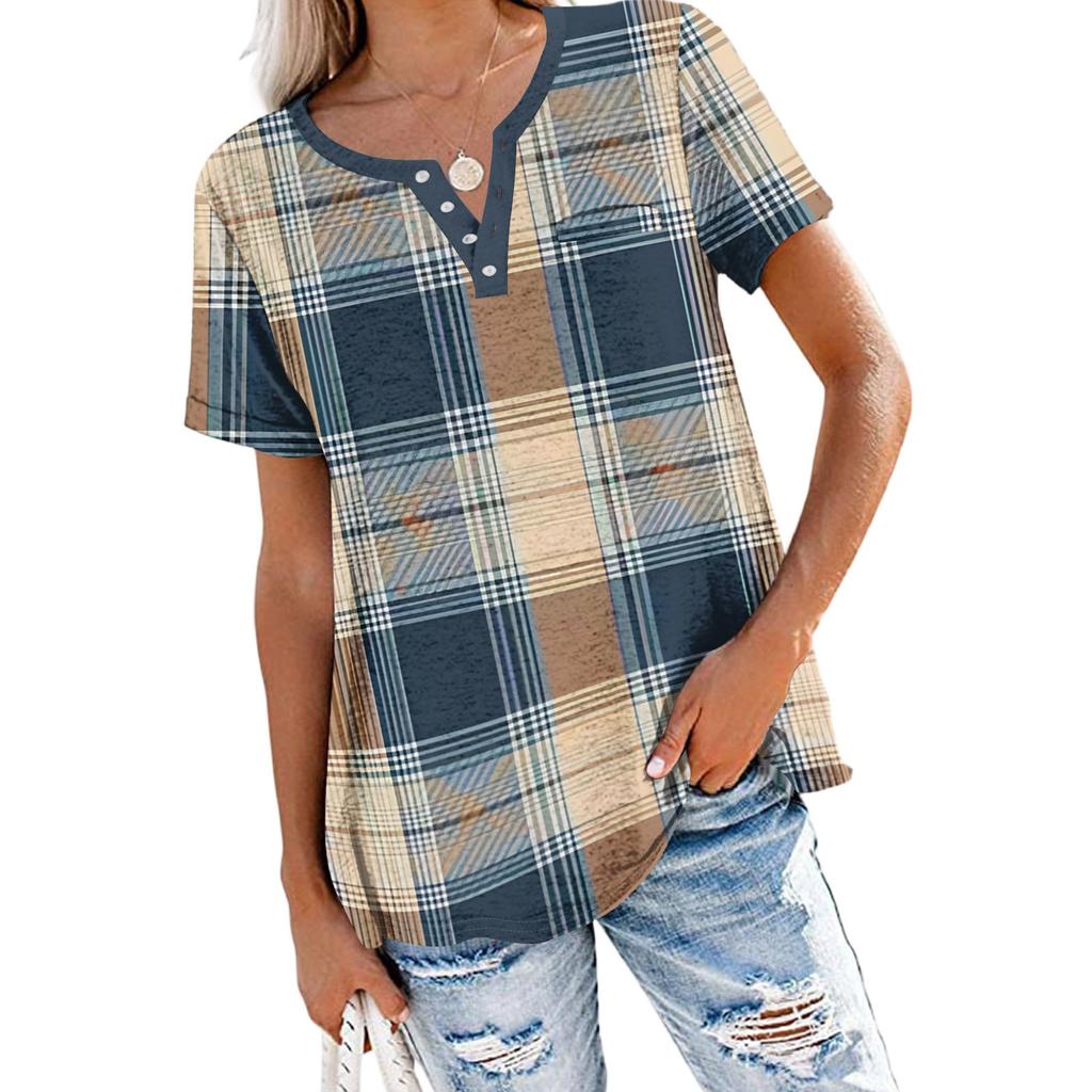 Modisches Lässiges Sommer-Karomuster V-Ausschnitt Knopf Kurzarm-Oberteil für Damen