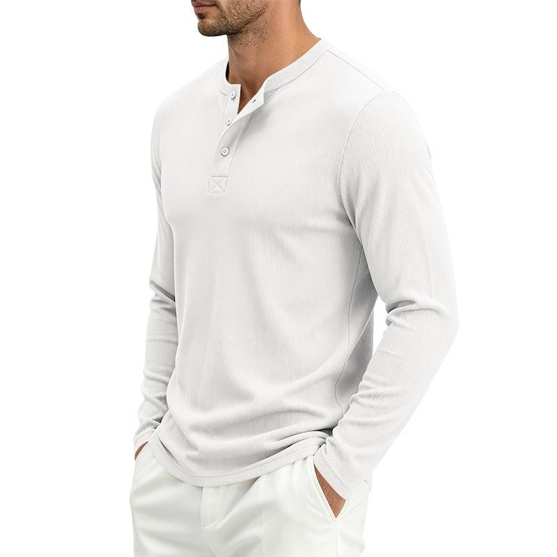 Men S Solid Button Half Open Collar Long Sleeve Loose Casual T Shirt