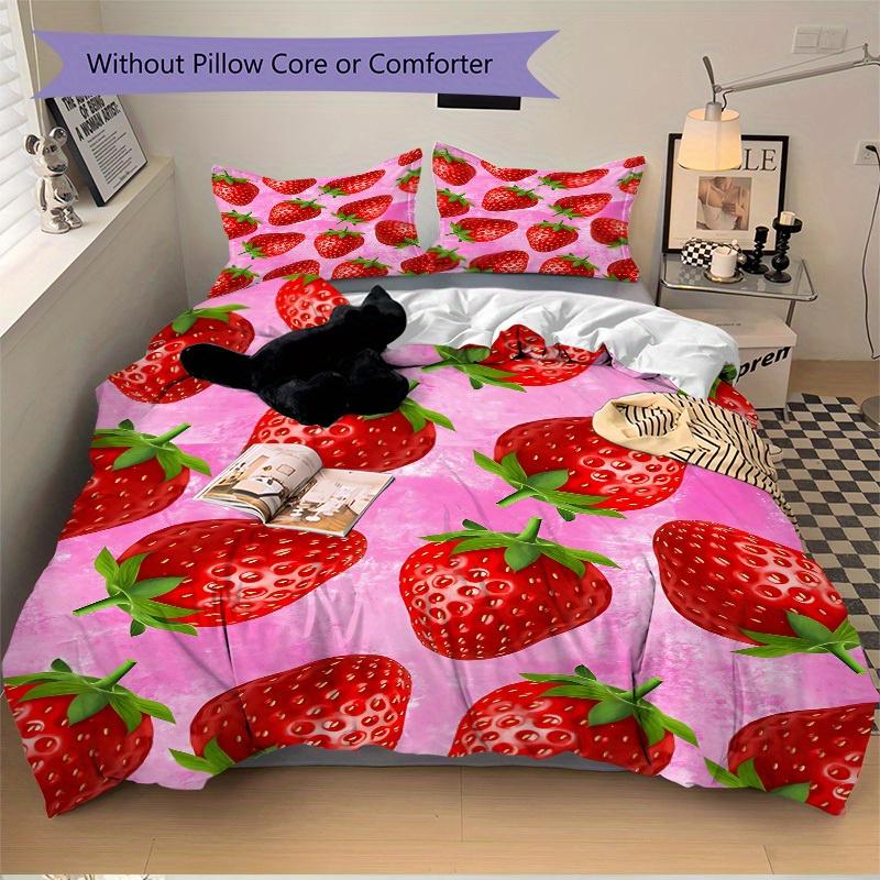 3Pcs Strawberry Pattern Printed Bedding Set, Breathable And Soft, Machine Washable, Christmas Gift, Suitable for Bedroom Decoration, 15180