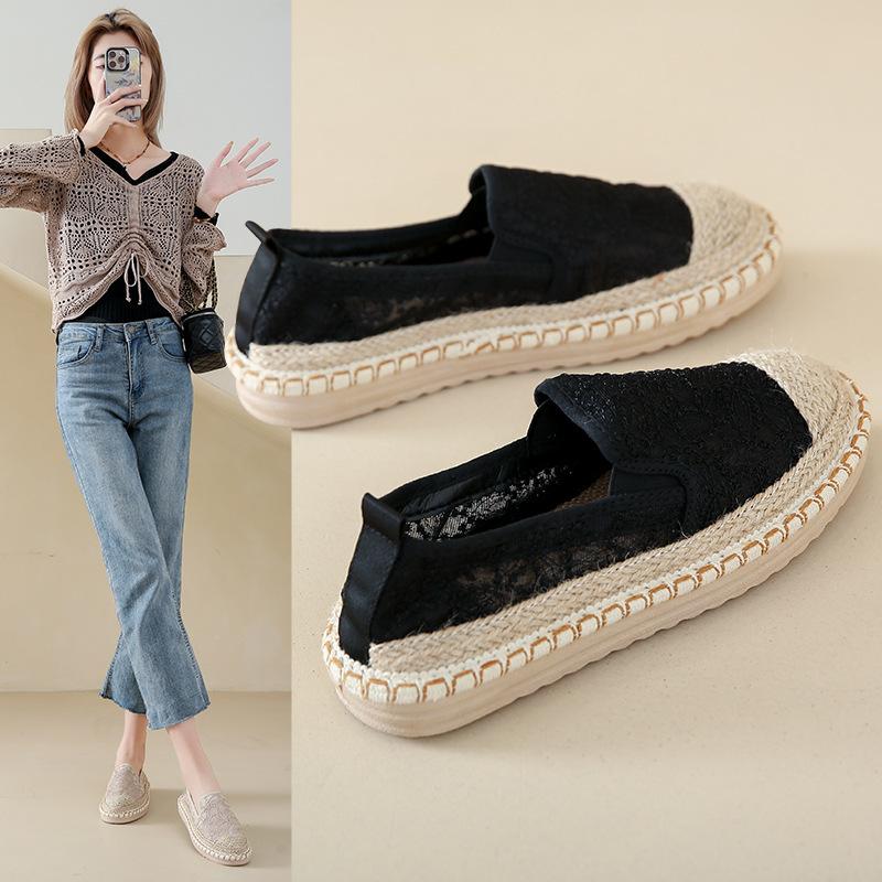 Lace breathable fisherman shoes women's 2025 summer new linen woven hollow loafers casual flat shoes