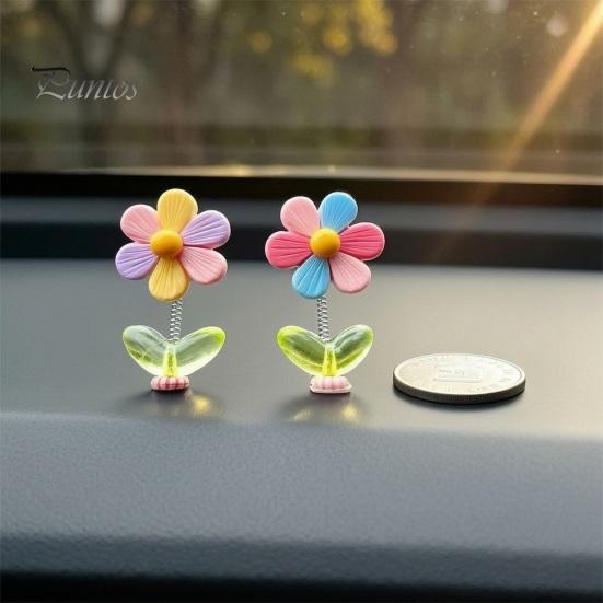 Car Aesthetic Decor 5Pcs Colorful Shaking Flower Decor, Resin Rainbow Sunflower Dashboard Ornament Cute for Teens with Non Slip Pad, Wobble