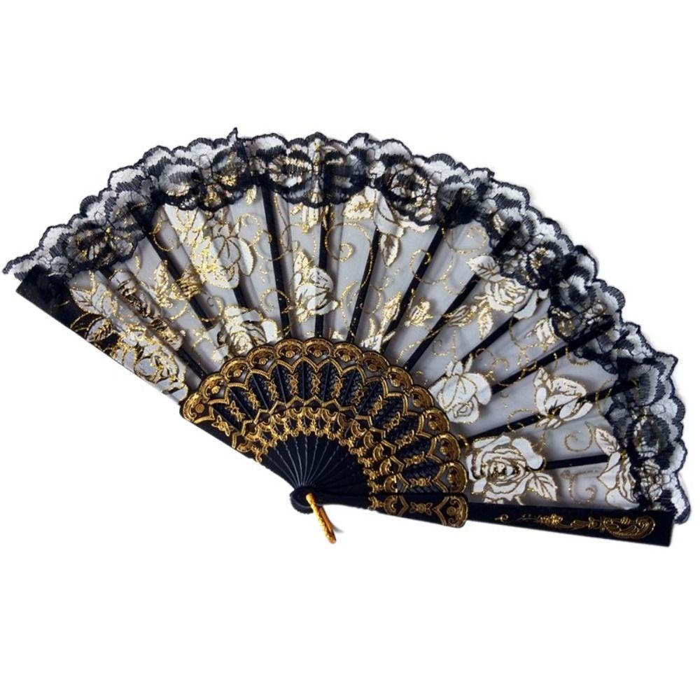 Handheld Ladies Lace Hand Fan Plastic Handle Dance Fan Ornaments Folding Fan  Summer