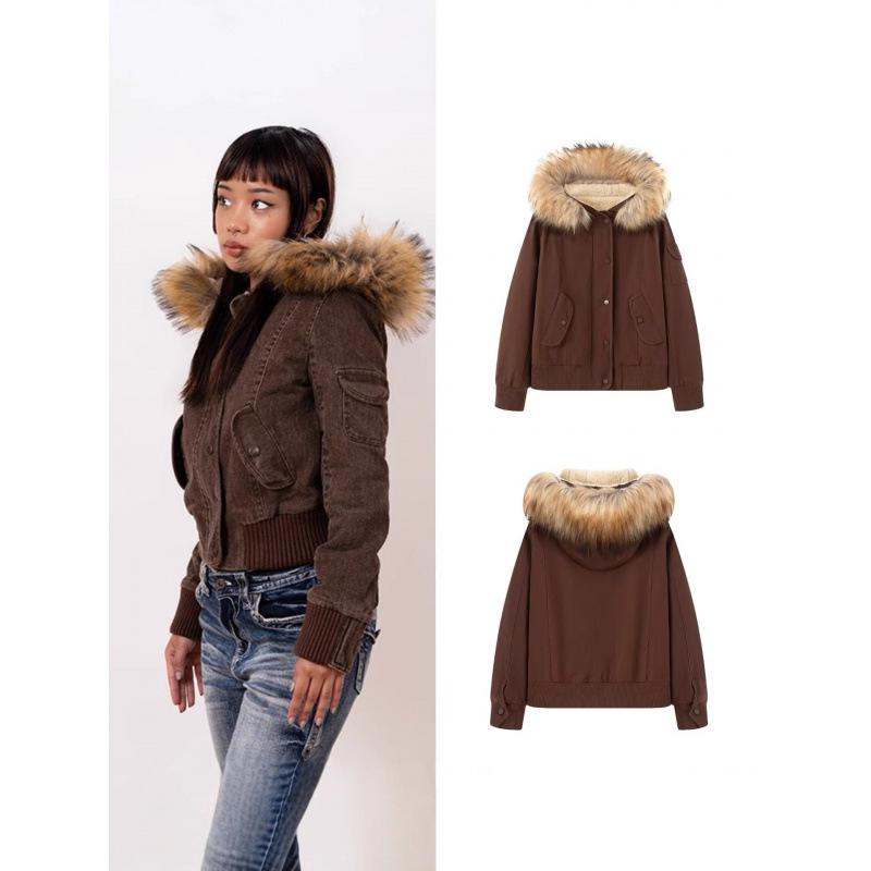 Giacca da donna con colletto in pelliccia, cappotto con cappuccio, orlo elasticizzato, manica lunga, tasca, monopetto, giacca da donna, cappotto casual autunnale per signore