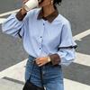 Women Fall Striped Shirt, Color Block Collar Ruffle Long Sleeve Loose Korean Style Casual Blouse Top