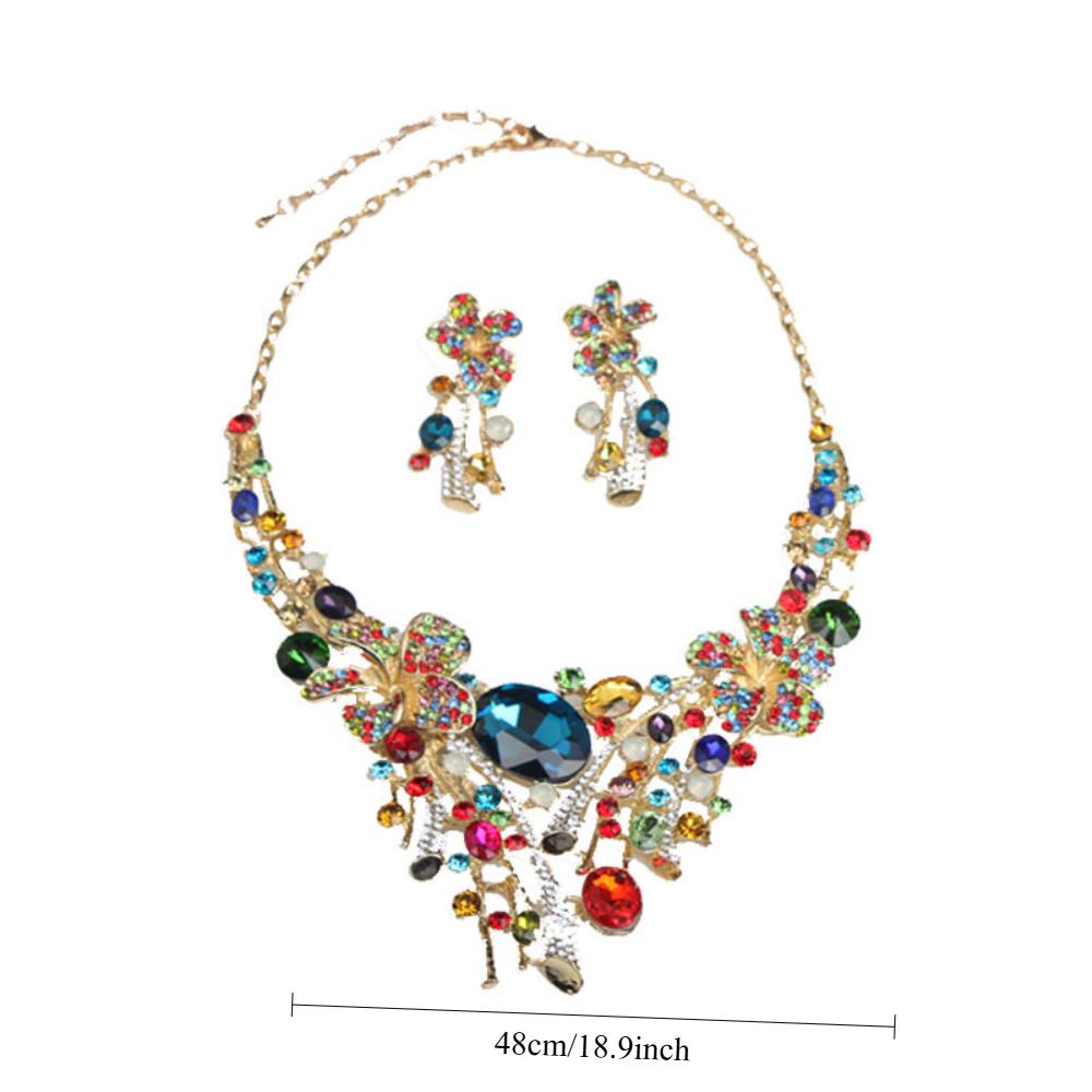European and American Brides Exaggerated Flower Color Necklace Earrings Set Wedding Banquet Jewelry Set