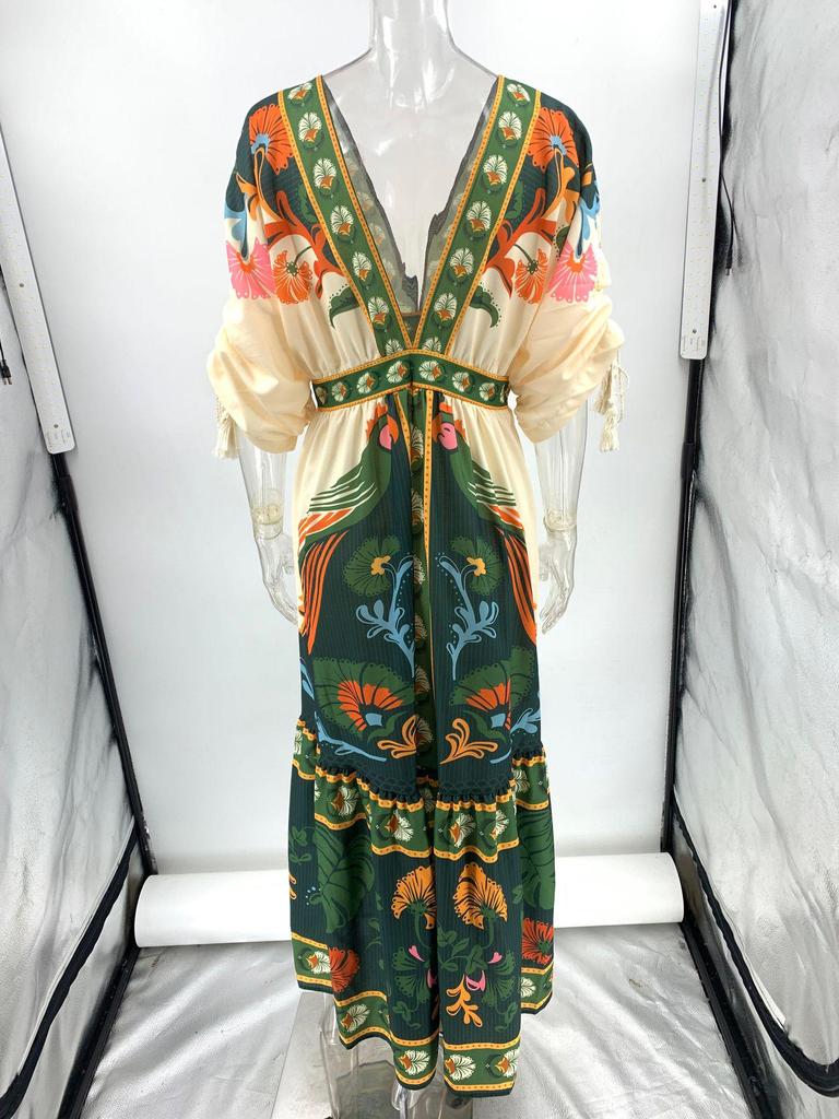 2025 European & American Summer V-neck Retro Ethnic Linen Dress for Women