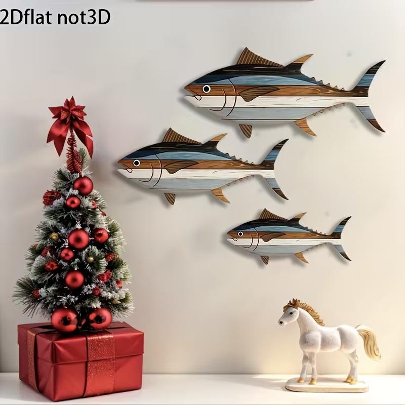 Decoração de Parede de Atum de Madeira com 3 Peças, Reutilizável, Adequada Para Decoração de Casa, Escritório e Sala de Estar.