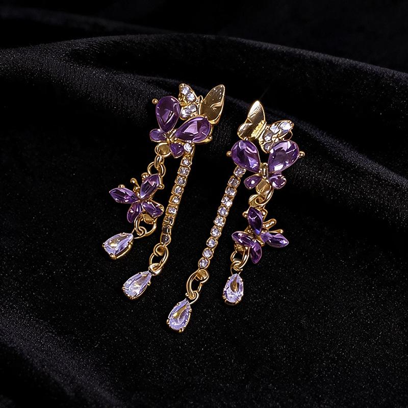 Elegant Silver Needle Butterfly Tassel Earrings: Luxury Diamond-Inlaid Studs for a High-End Fashion Statement. Perfect Versatile Accessory for Women.