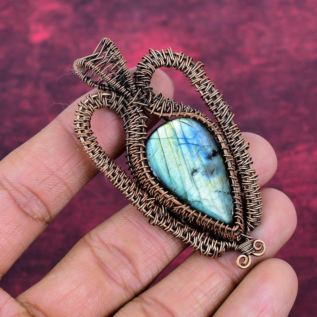 Labradorite Gemstone Pendant Copper Wire Wrapped Jewelry Handmade Unique Pendant
