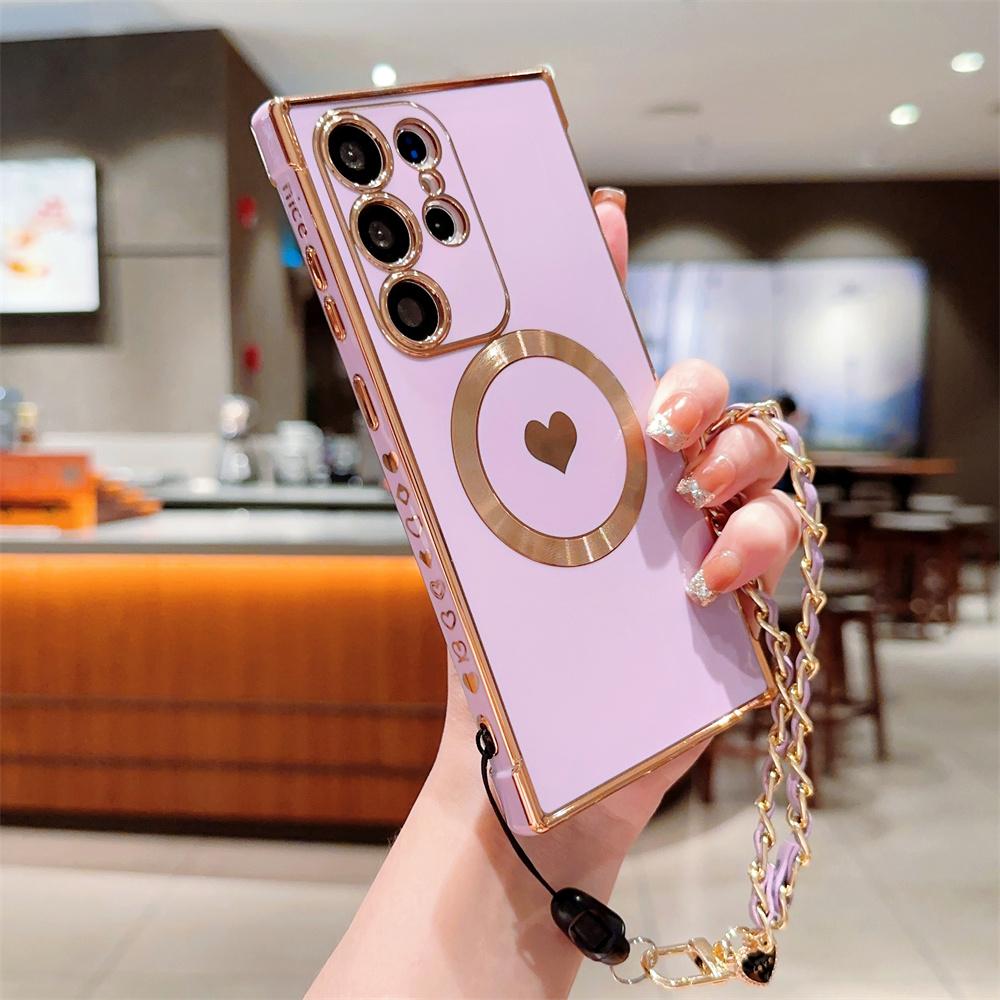 For Magsafe Love Heart Wrist Chain Case for Samsung Galaxy S25 S24 Ultra S22 Plus S23 S21 S20 FE Magnetic Bracelet Plating Cover