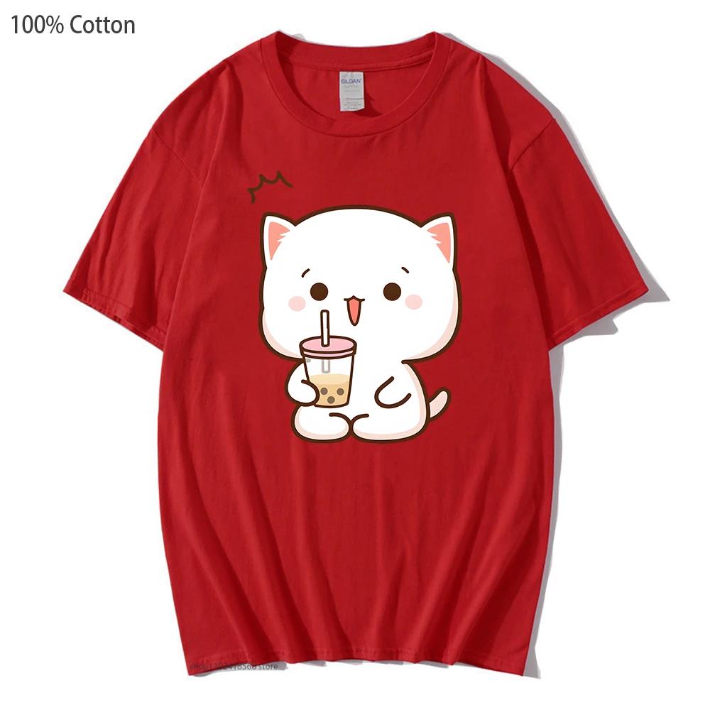 Camisetas Estampadas Gato Pêssego Femininas Mochi Bebida Chá de Bolhas Camiseta Desenho Animado Kawaii Tops para Meninas 100% Algodão Camisetas Roupas Gráficas Fofas