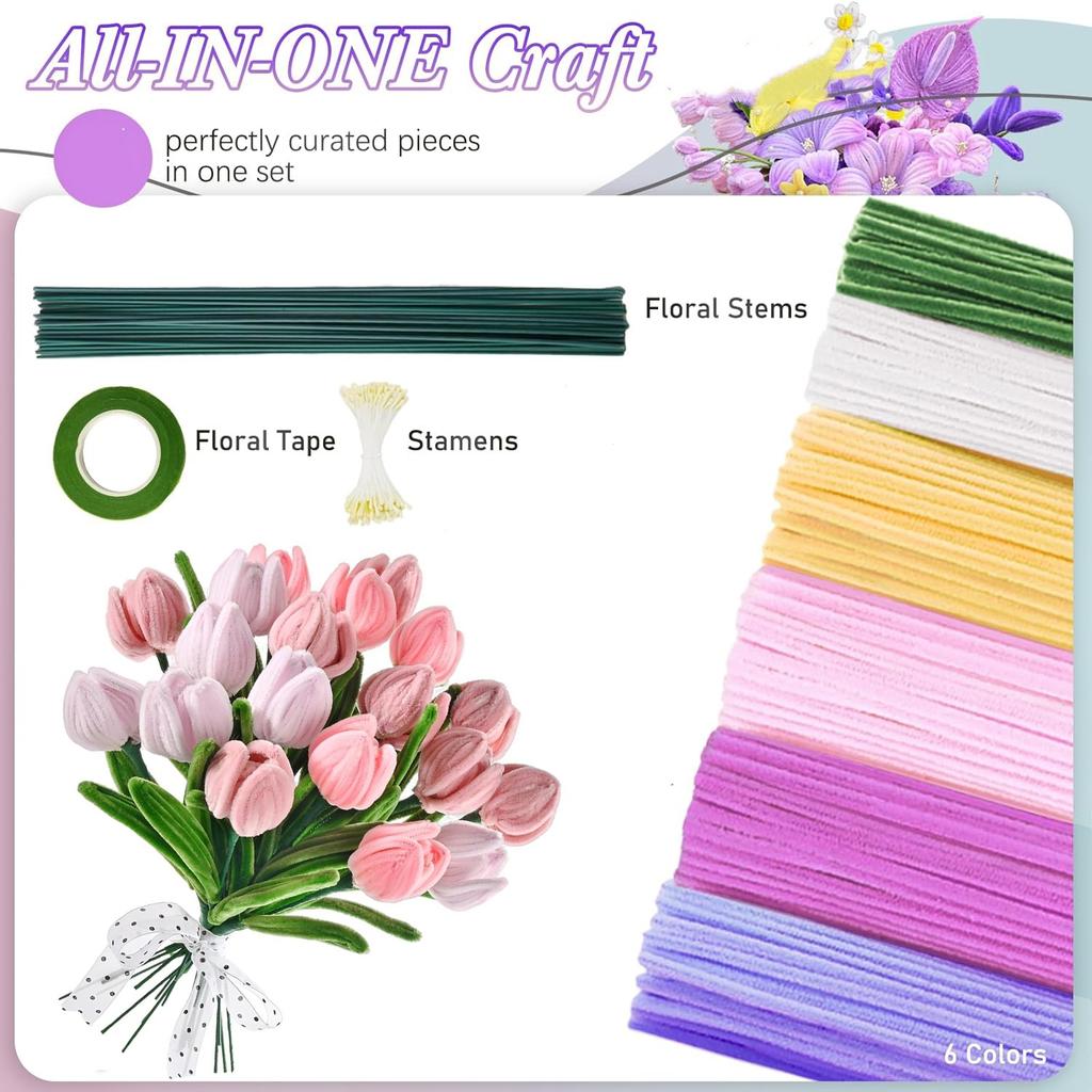 500 Pcs Pipe Cleaners Flower kit, 20pcs Green Floral Wires, 1pc Gardening Tape, 150pcs Stamen, Pipe Cleaners Craft