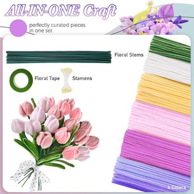 500 Pcs Pipe Cleaners Flower Kit, 20pcs Green Floral Wires, 1pc Gardening Tape, 150pcs Stamen, Pipe Cleaners Craft