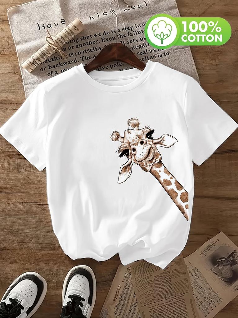 2026 New Cute Giraffe 100% Polyester Women's Retro Kawaii Giraffe Print T-Shirt Soft Crew Neck Short Sleeve Top Vintage Shirt