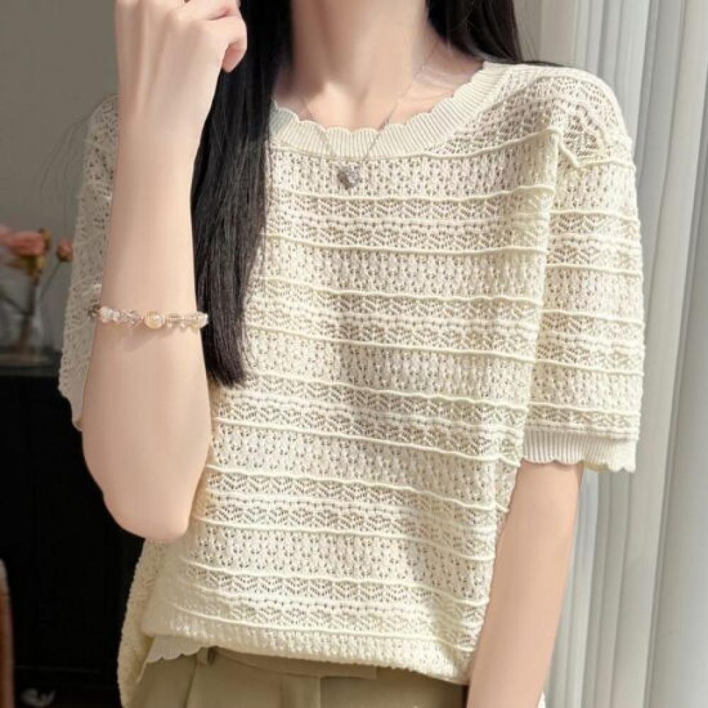 Navava Women Cool Daily Punching PaTTern Wave ShorT Sleeve KniT T shirT Nk3704