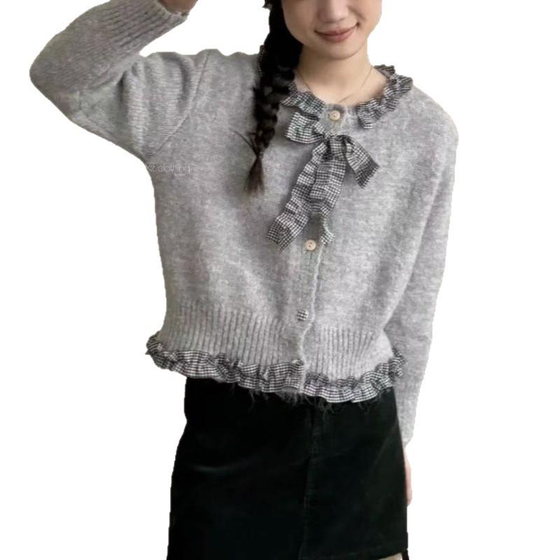 Korean Ruffle Plaid Bow Cardigan - Women's Chic Fall/Winter Long Sleeve Knit Top